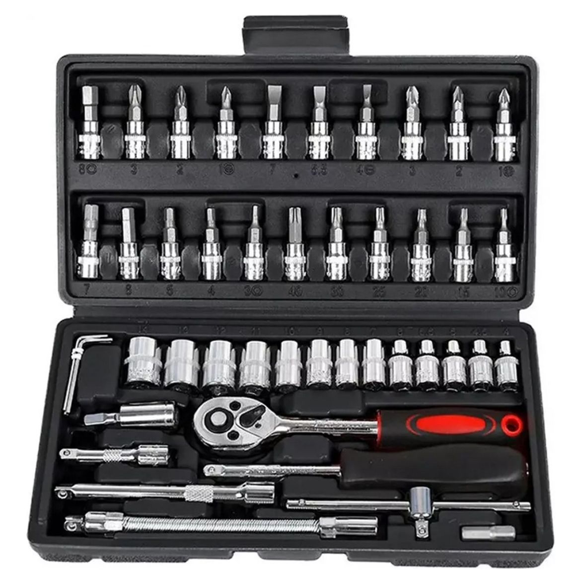 Caja herramientas 46 piezas set juego llave tubo criquet color negro