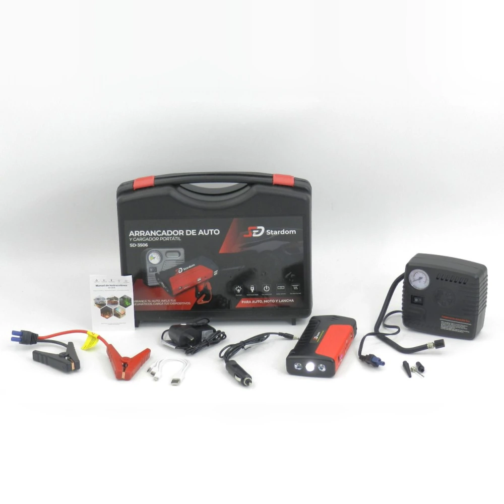 Kit arrancador de auto con compresor y cargador portátil Stardom