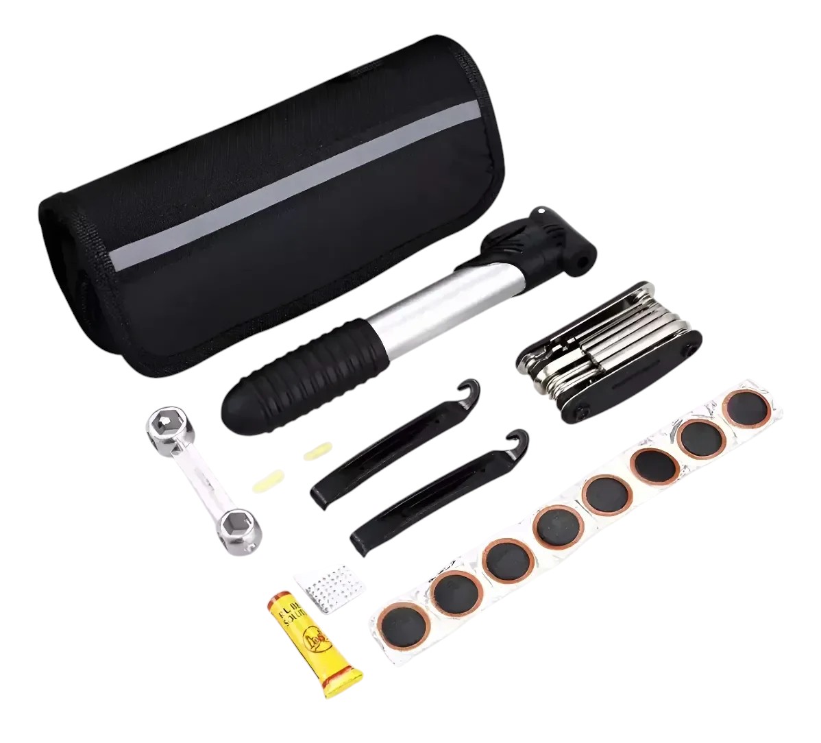 Kit de reparación de bicicleta con mini inflador y herramientas