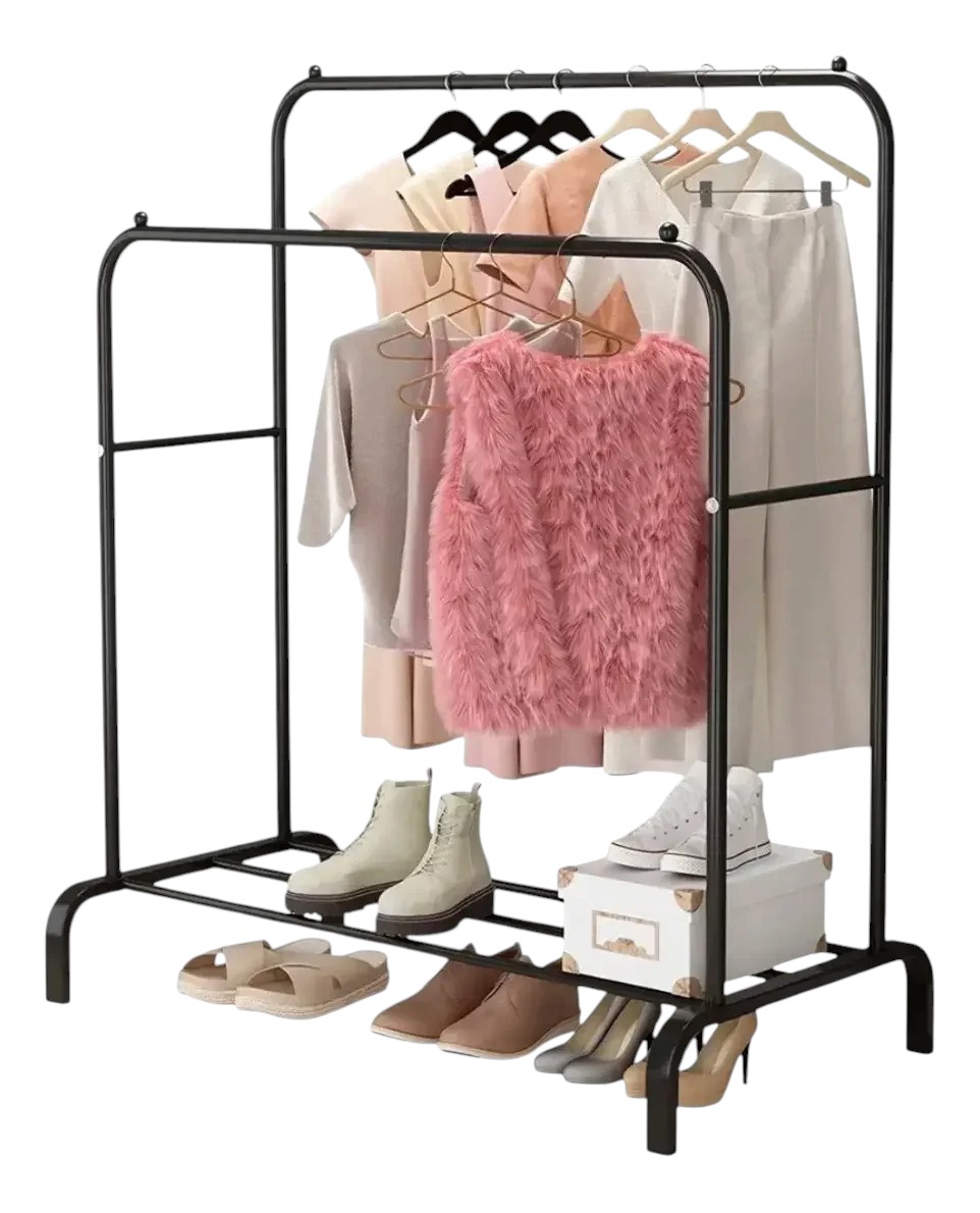 Perchero de ropa con estantes y ruedas