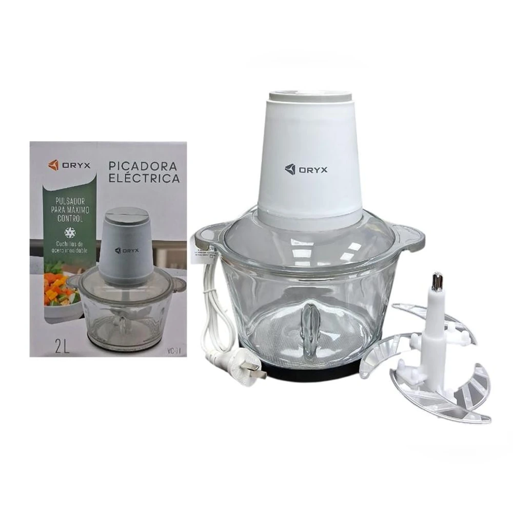 Picadora eléctrica ORYX de 2 litros con vaso de vidrio y pulsador